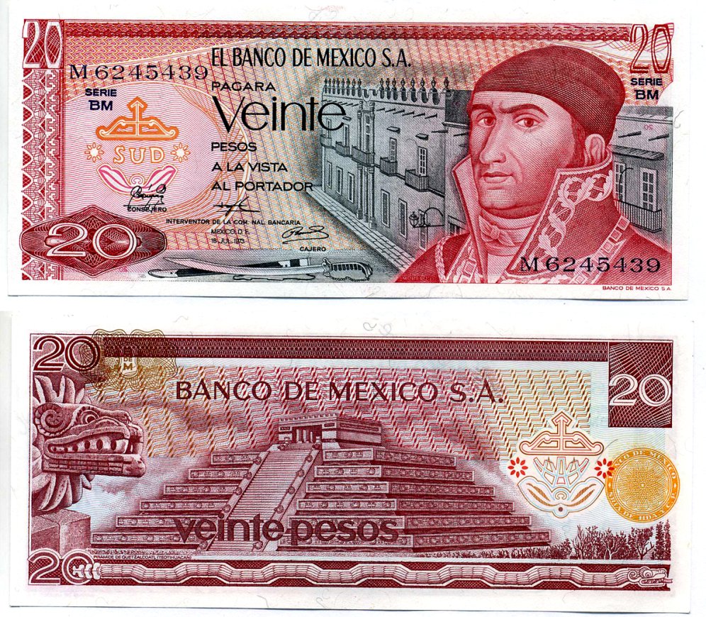 Мексика 20 песо 1973 18 июля 1973 Pick 64b(8) бумага UNC (пресс) 2196-20-1-2