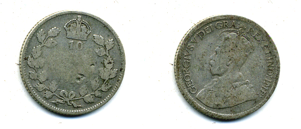 Канада 10 центов 19ХХ ГЕОРГ V серебро 46-1058