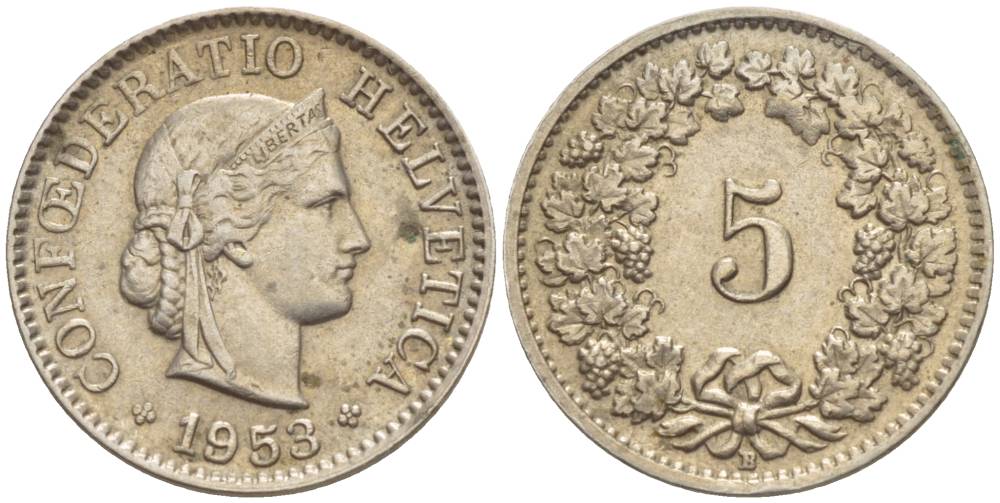 ШВЕЙЦАРИЯ 5 РАППЕНОВ 1953 В KM 26 медно-никель 4532-947