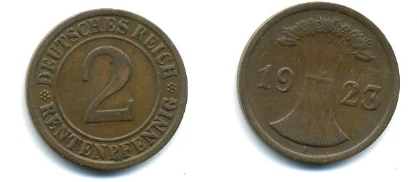 ГЕРМАНИЯ 2 РЕНТПФЕННИГА 1923 F J 307, KM 31 бронза 46-1215