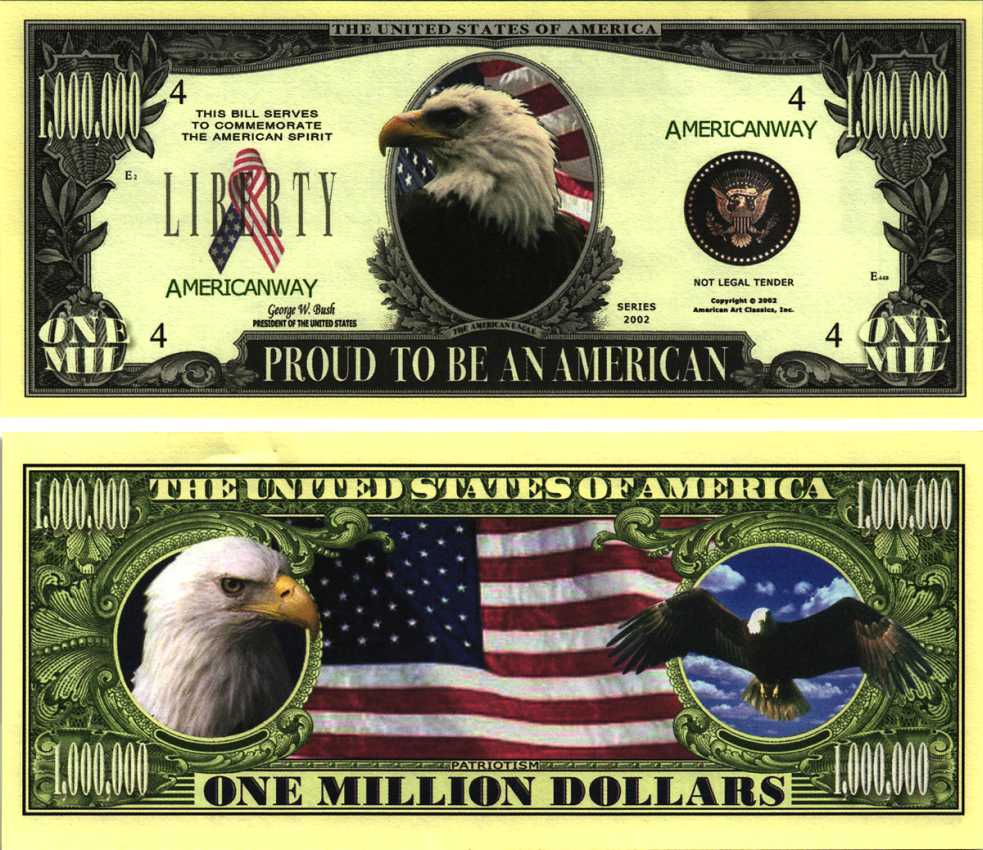 США 1000000 ДОЛЛАРОВ 2002 СУВЕНИРНАЯ БАНКНОТА, АМЕРИКАНСКАЯ СВОБОДА, ОРЕЛ СИМВОЛ СВОБОДЫ, АМЕРИКАНСКИЙ ФЛАГ бумага UNC (ПРЕСС) 7198-36-1-1