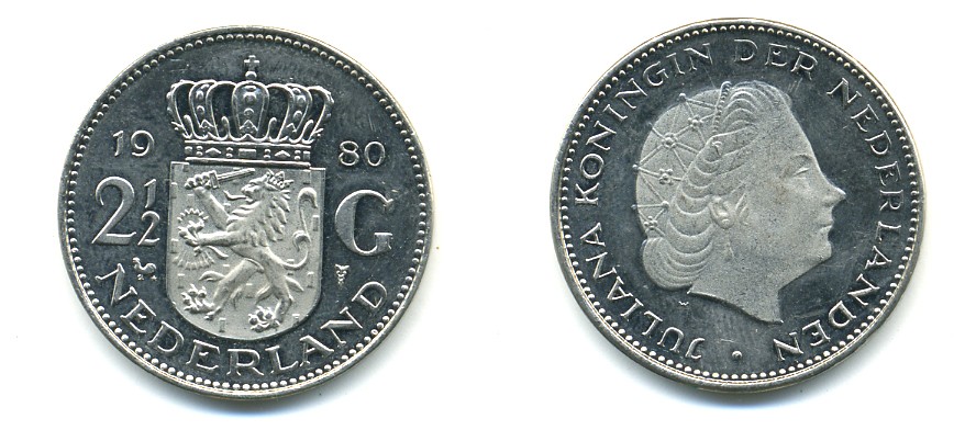 Нидерланды 2 1/2 гульдена 1980 Юлиана (1948-1980) KM 191 никель UNC 80-145