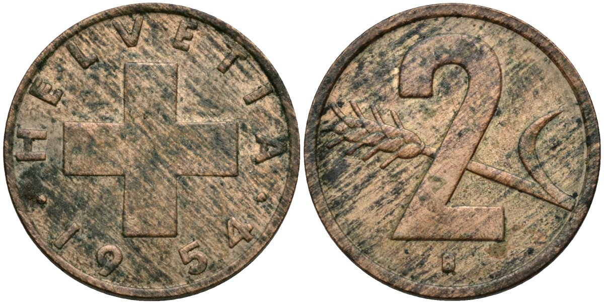 Швейцария 2 раппена 1954 в KM 47 бронза 4115-1239