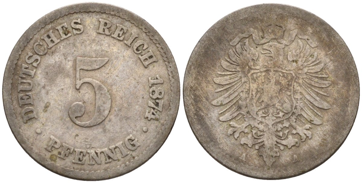 Германия 5 пфеннигов 1874 A, старогербовка KM 3, J. 3 медно-никель 4151-347