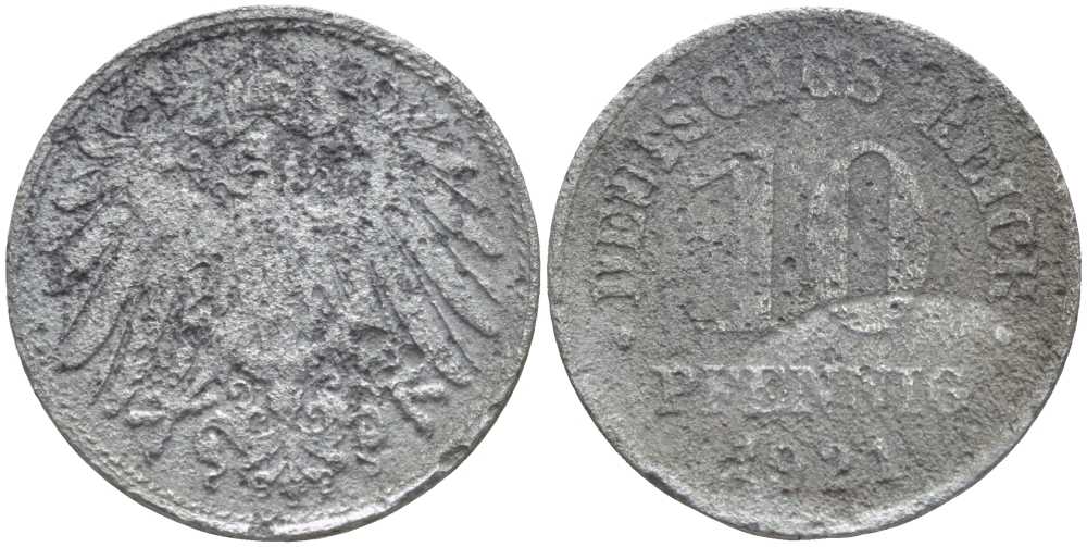 ГЕРМАНИЯ 10 ПФЕННИГОВ 1921 KM 26, J. 299 цинк 4401-912