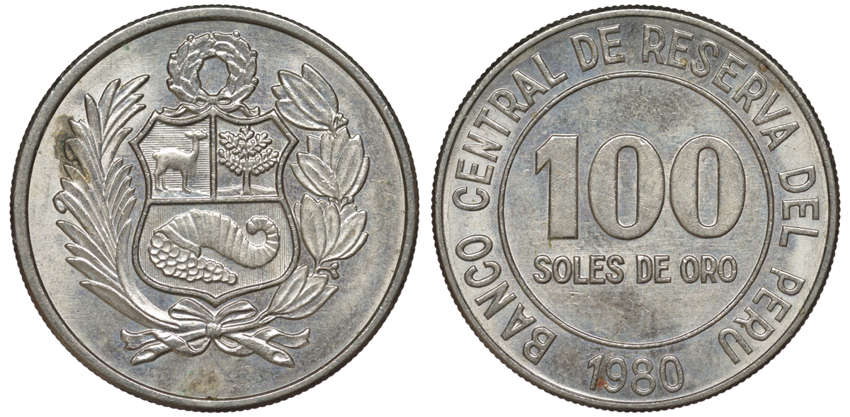 Перу 100 солей 1980 KM 283 медно-никель aUNC 4367-716