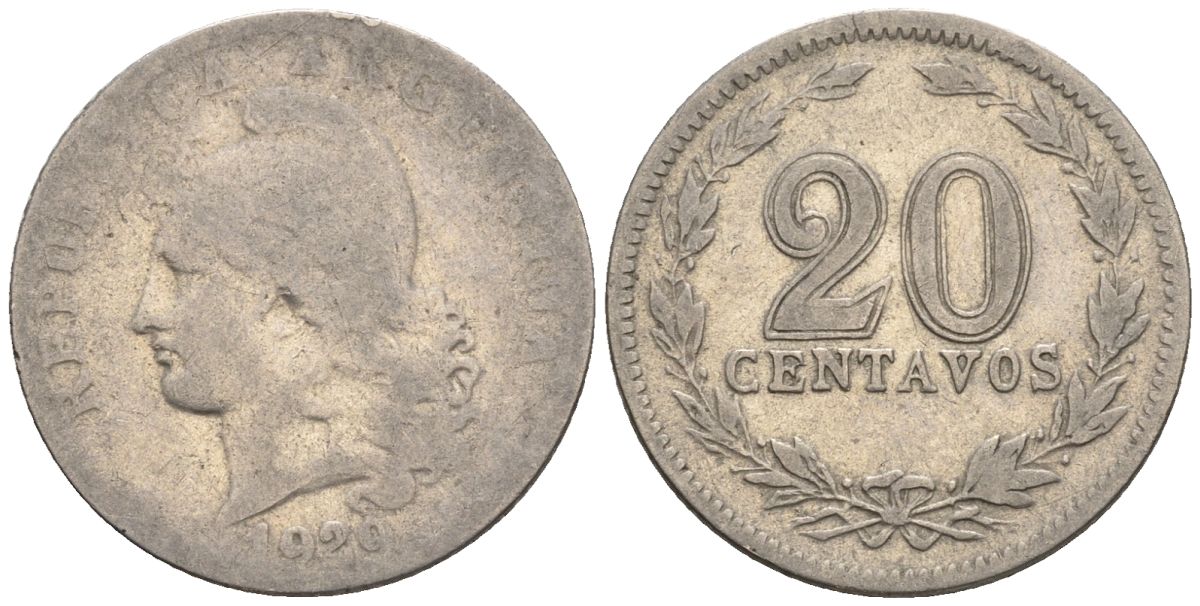 Аргентина 20 сентаво 1920 голова свободы влево KM 36, CJ 69, Schon 39 медно-никель    60-911