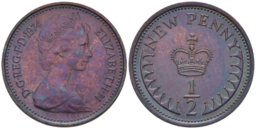Великобритания 1/2 пенни 1974 Елизавета II (1952-2022) KM 914, Spink 4239 бронза 66-453