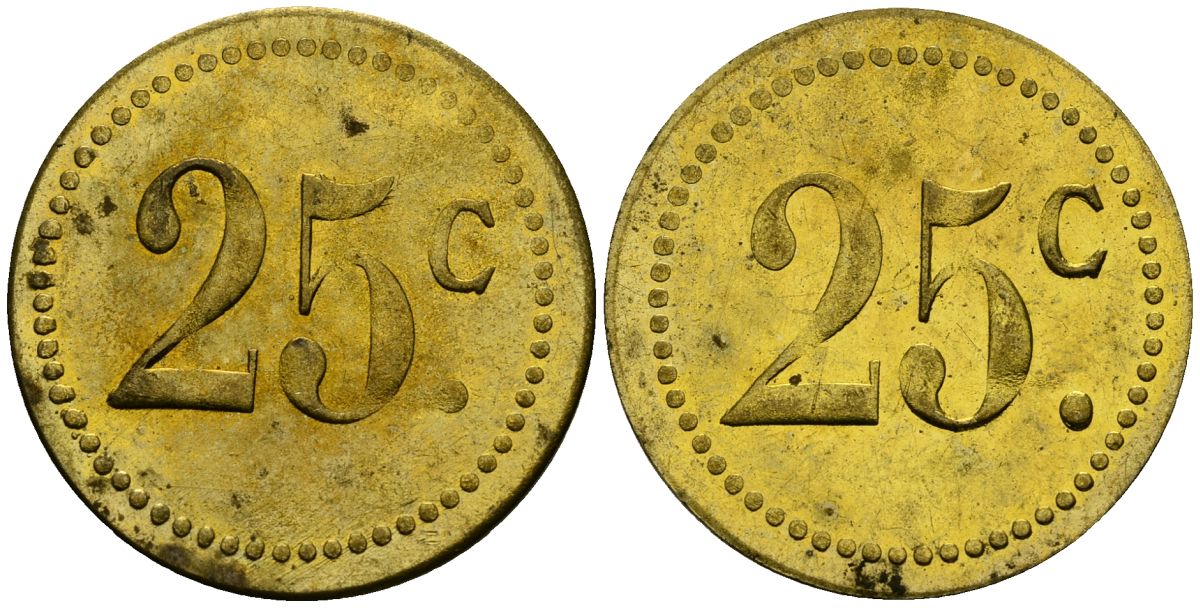 Франция 25†сантимов XIX-XX век ресторанный жетон латунь 4166-1123