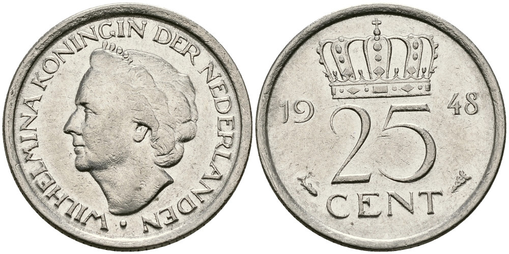НИДЕРЛАНДЫ 25 ЦЕНТОВ 1948 ВИЛЬГЕЛЬМИНА KM 178 никель 96-112