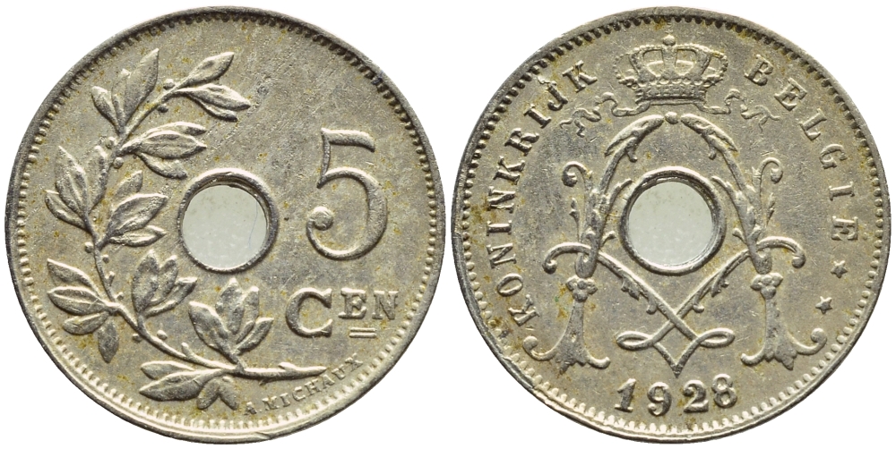 БЕЛЬГИЯ 5 САНТИМОВ 1928 BELGIE KM 67 медно-никель 86-319