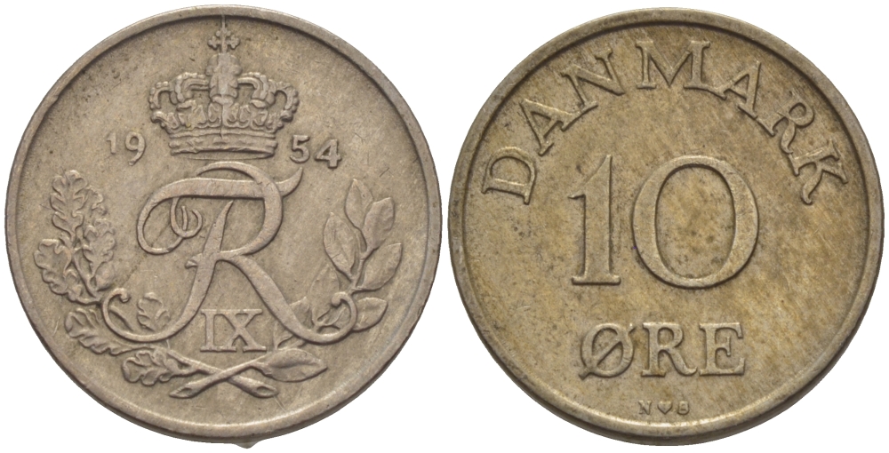 ДАНИЯ 10 ЭРЕ 1954 N; S, ФРЕДЕРИК IX (1947-1972) KM 841.1 медно-никель 100-258