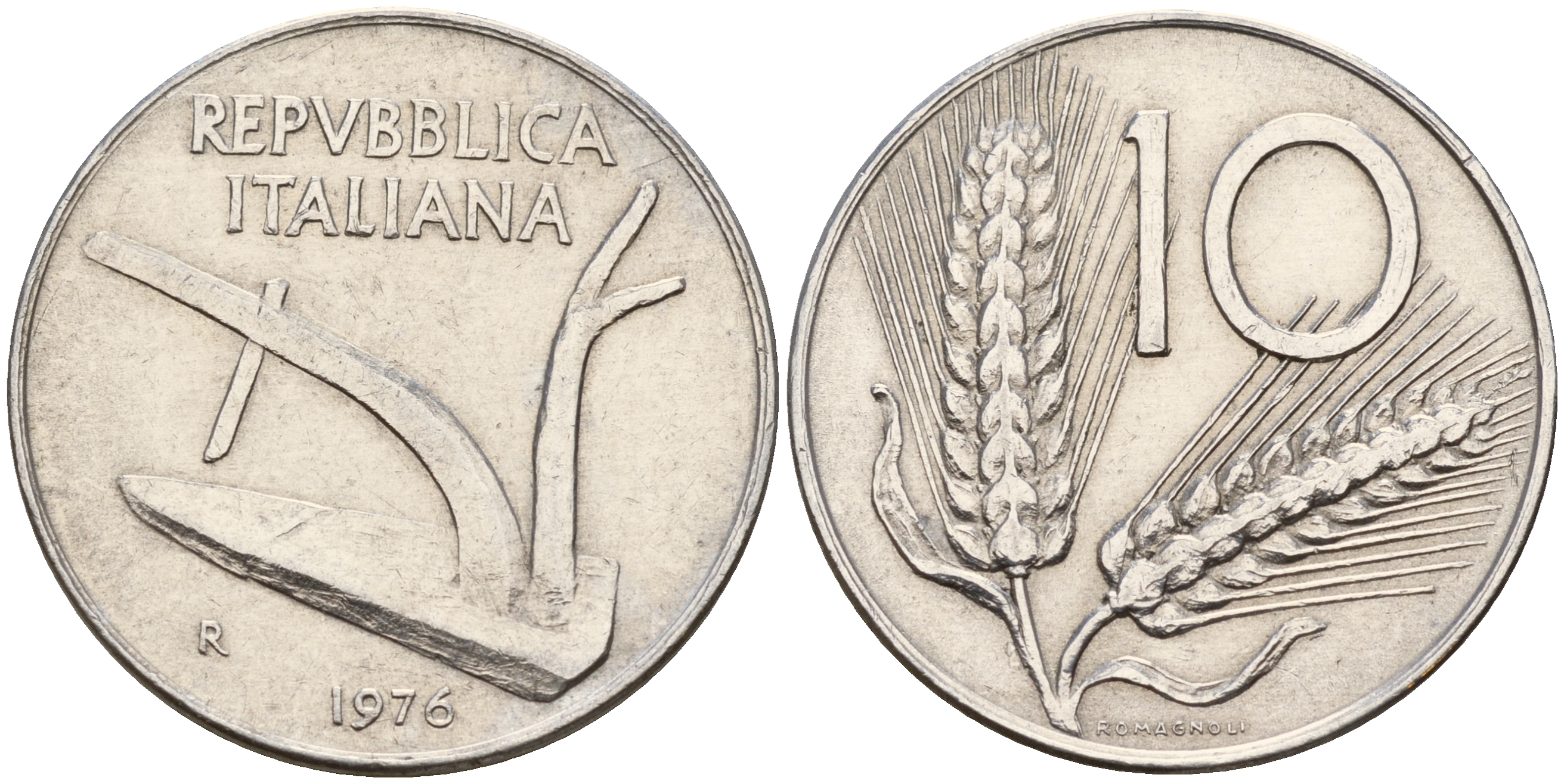 Италия 10 лир 1976 R, плуг KM 93 алюминий 4595-344