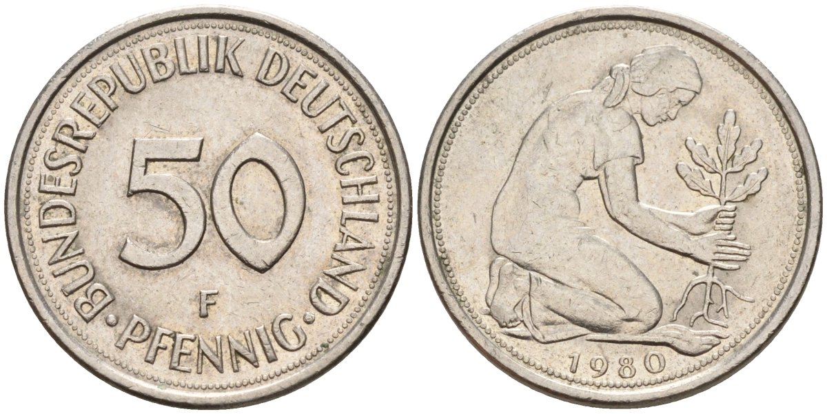 ФРГ 50 пфеннигов 1980 F KM 109, J. 384 медно-никель 4176-1156