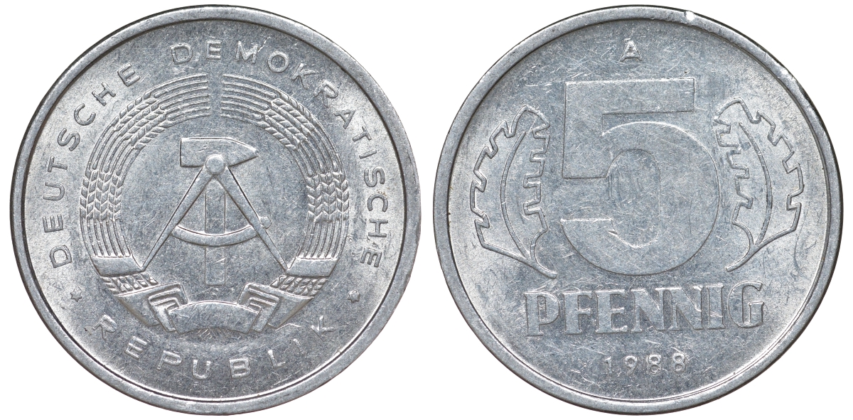 ГДР 5 ПФЕННИГОВ 1988 А алюминий 62-541