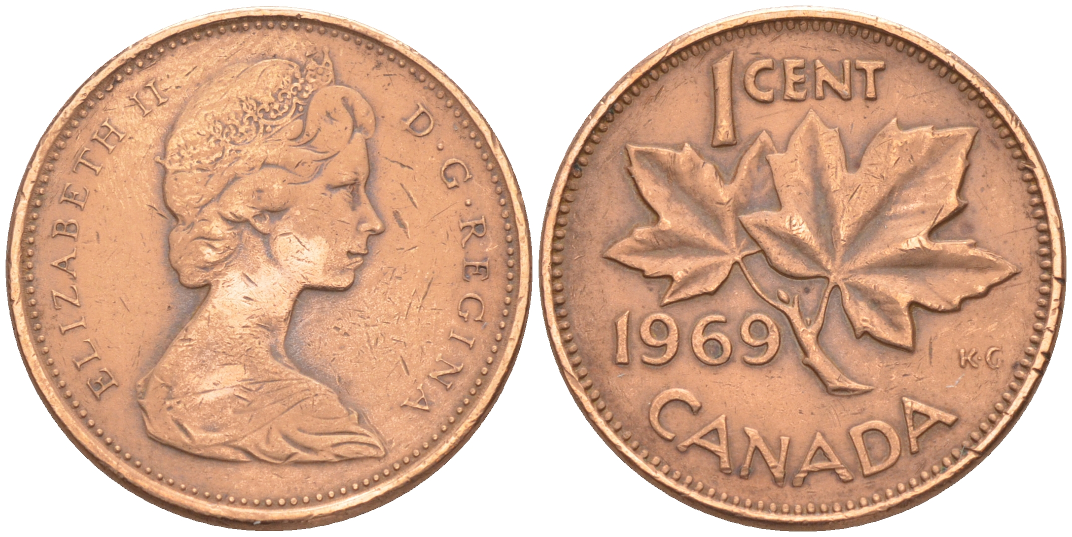 Канада 1 цент 1969 Елизавета II (1952-2022), кленовый лист KM 59.1 бронза 188-748