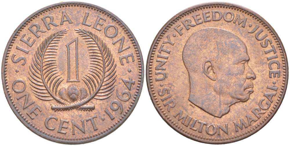 Сьерра-Леоне 1 цент 1964 Милтон Маргаи KM 17 бронза 217-517