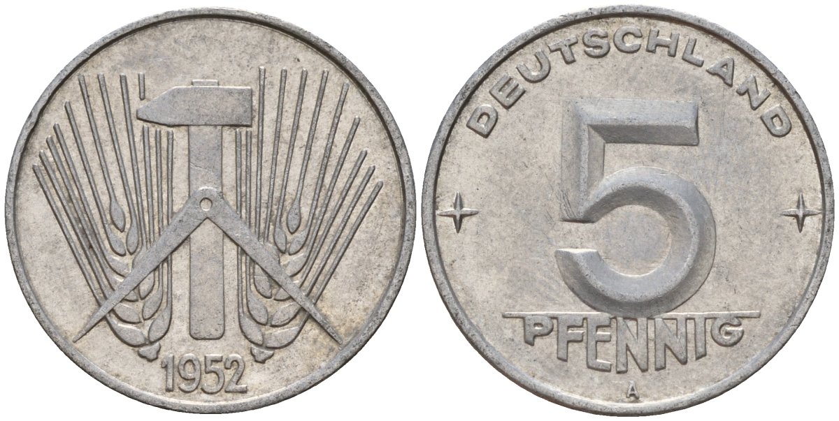 ГДР 5 пфеннигов 1952 A KM 6 алюминий 206-435