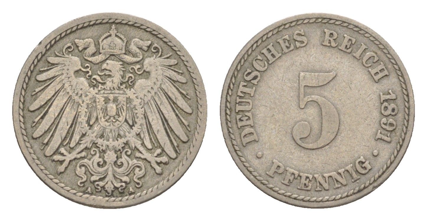 Германия 5 пфеннигов 1891 A, Вильгельм II (1888-1918) KM 11, J. 12 медно-никель 4639-1257