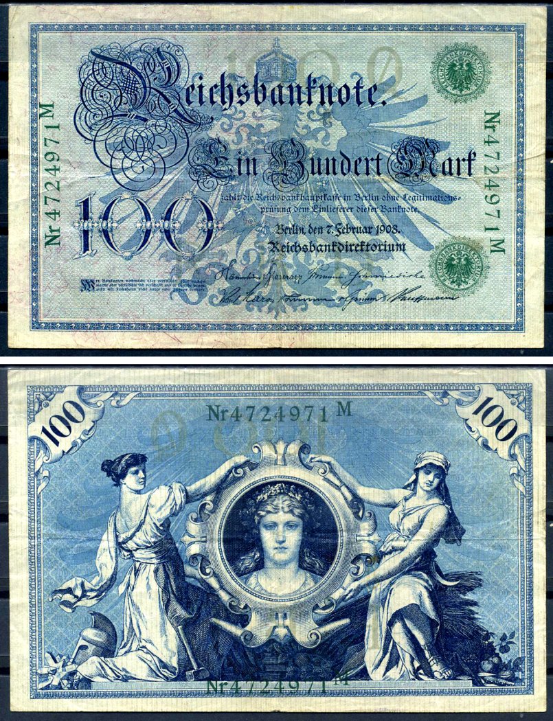Германия 100 марок 1908 7 февраля 1908, выпуск конец 1916 - ноябрь 1918, зеленая печать Pick 34 бумага 8619-35-1-1