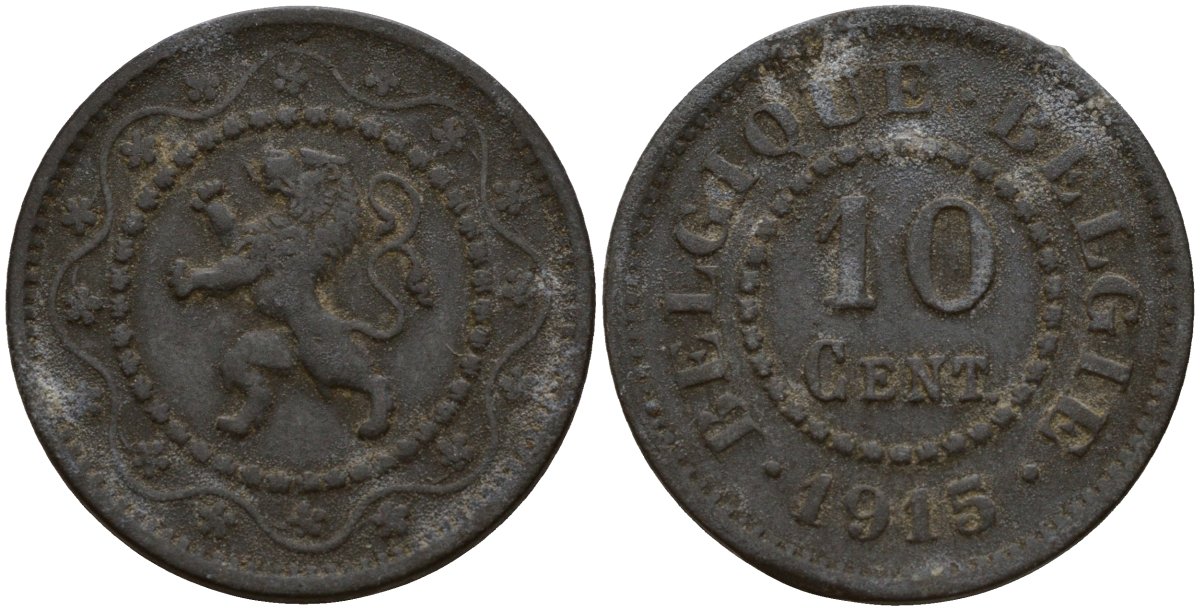 Бельгия 10 сантимов 1915 германская оккупация Первая мировая война, Альберт I (1910-1934) KM 81 цинк 4161-252