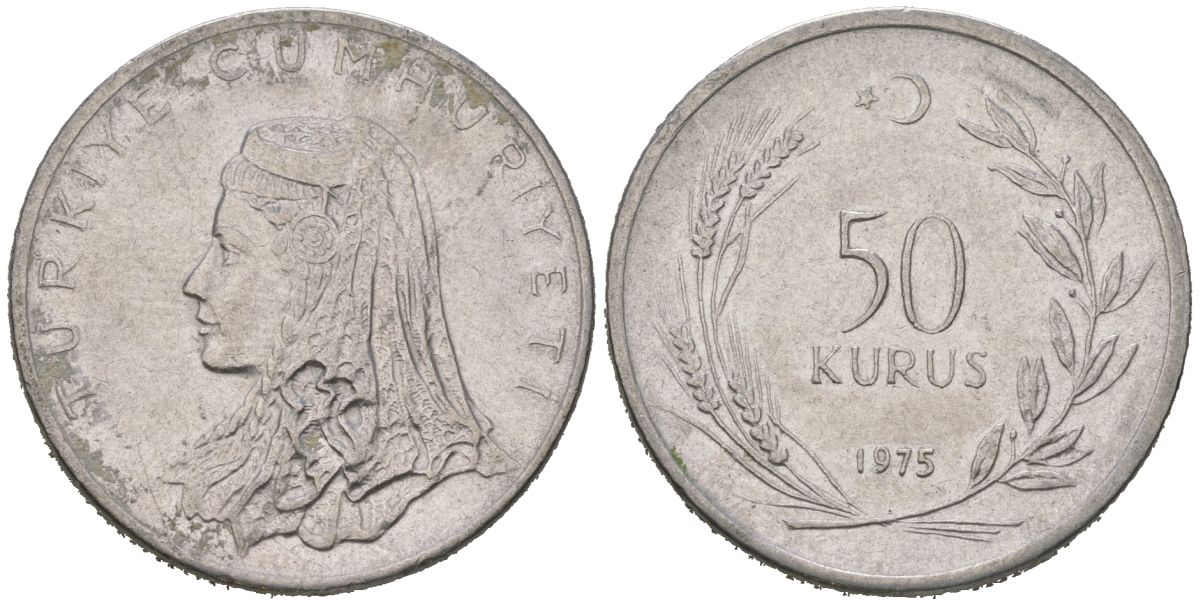 Турция 50 курушей 1975 Анатолийская невеста KM 899 нержавеющая сталь 4616-1255
