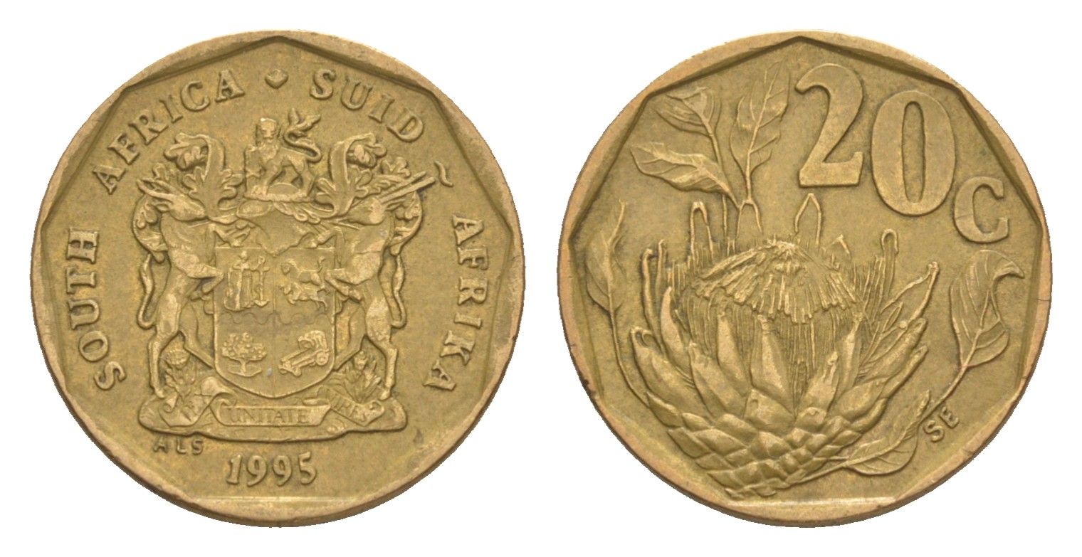 ЮАР 20 центов 1995 герб, цветок протея KM 136 сталь плакированная бронзой 4618-434