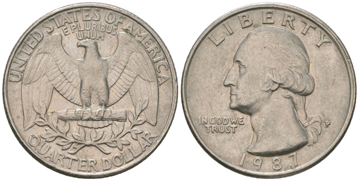 США 25 центов = квотер 1987 P, Вашингтон KM 164a медь плакированная медно-никелем 4595-1232