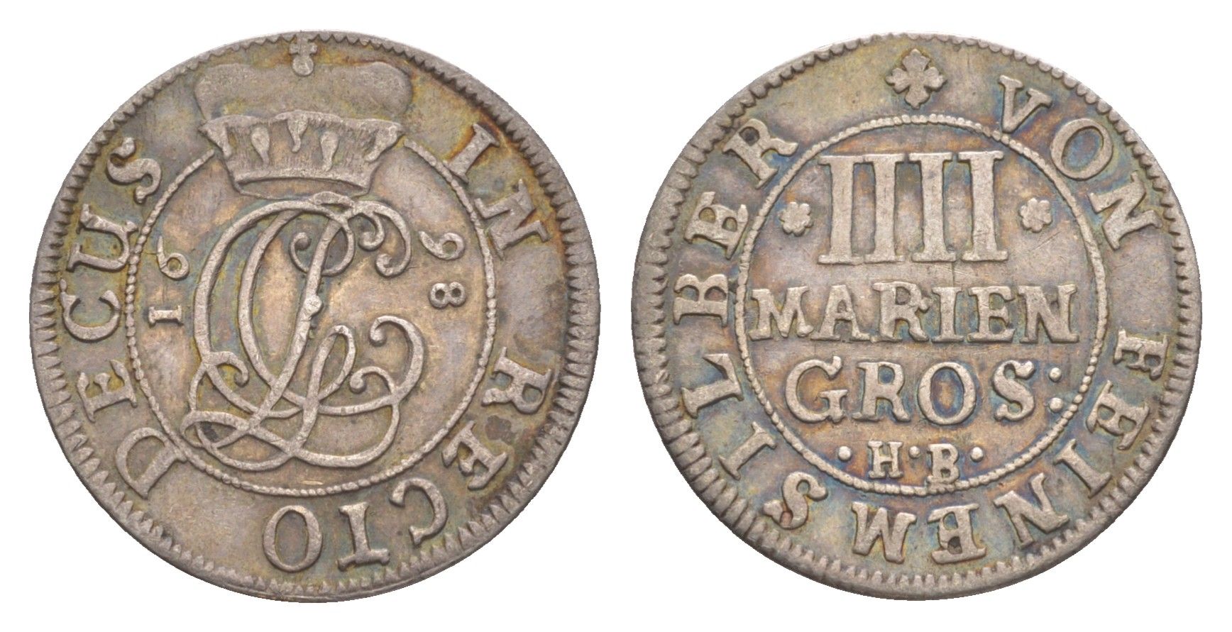 Брауншвейг-Каленберг-Ганновер 4 мариенгроша 1698 HB, Георг I (1698-1727), из коллекции Ричарда Б. Смита Welter 2192 серебро 1525-534