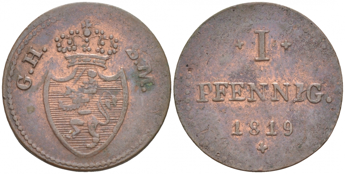 Гессен-Дармштадт 1 пфенниг 1819 GH - SM KM 280 медь 73-638