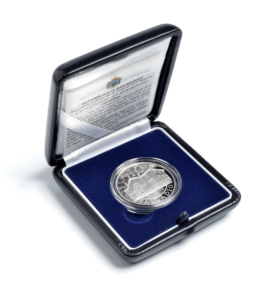 Сан-Марино 10 евро 2008 500 лет Андреа Палладио, в оригинальной коробке, сертификат KM 514 серебро PROOF 2-5-2-10