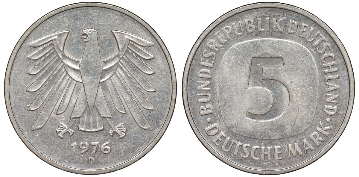 ФРГ 5 марок 1976 D KM 140.1 медно-никель 4137-1026