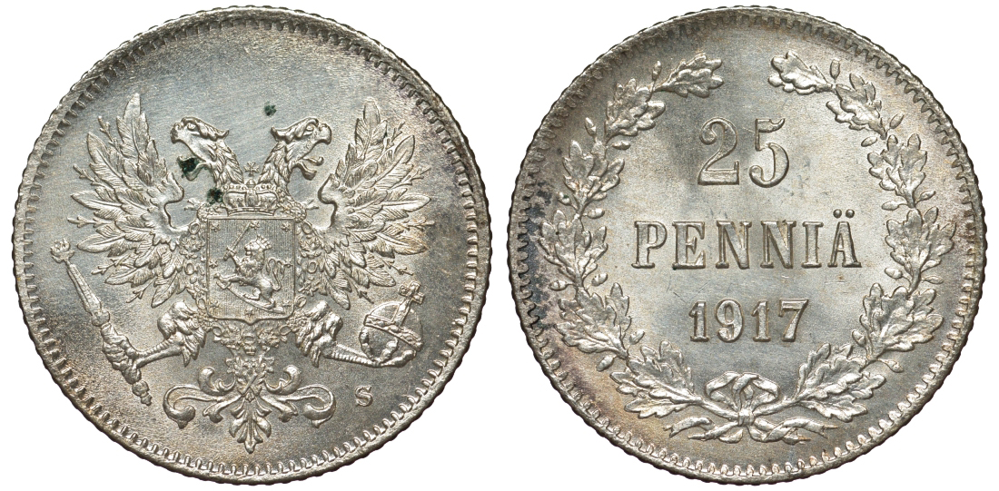 Россия для Финляндии 25 пенни 1917 S, временное правительство, без короны KM 19, Биткин 2 серебро 75-1433