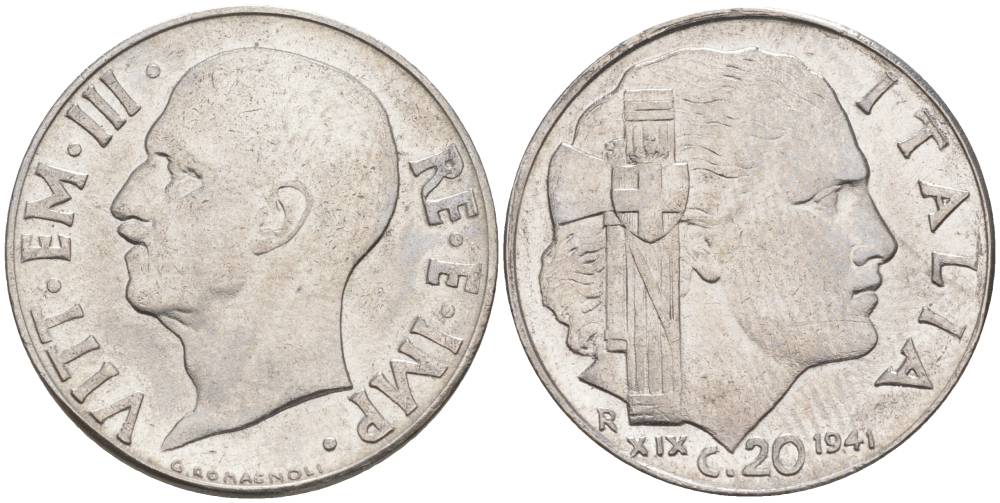 ИТАЛИЯ 20 ЧЕНТЕЗИМО 1941 R, ГОД XIX, ВИКТОР ЭММАНУИЛ III (1900-1946) KM 75b, VEM3. 1028 нержавеющая сталь 3853-731
