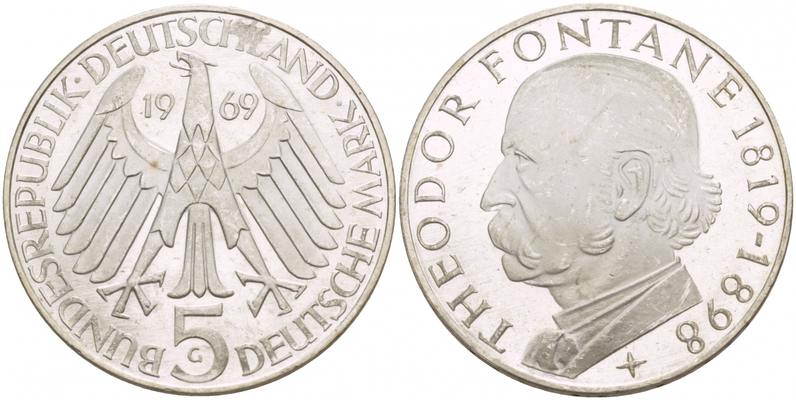 ФРГ 5 марок 1969 G, 150 лет со дня рождения Теодора Фонтана J. 399, KM 125.1 серебро UNC 4545-1135