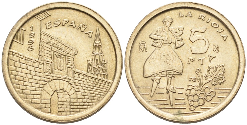 Испания 5 песет 1996 Хуан Карлос I (1975-2014), Риоха (La Rioja) KM 960 алюминиевая бронза 71-615