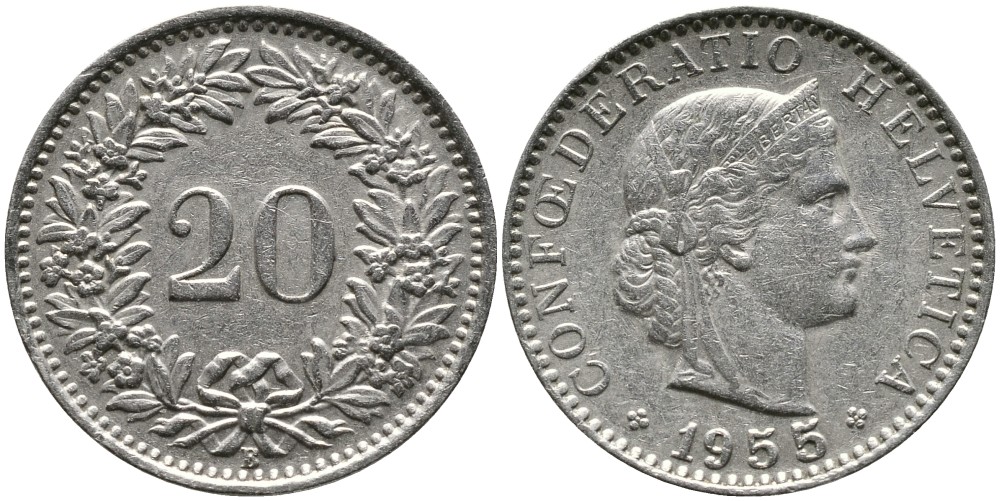 ШВЕЙЦАРИЯ 20 РАППЕНОВ 1955 В KM 29а медно-никель 4539-554