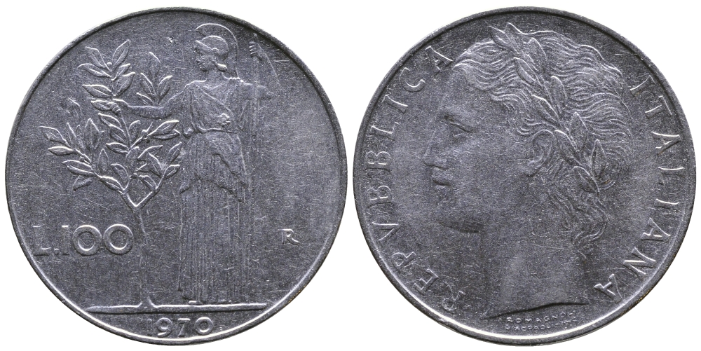 ИТАЛИЯ 100 ЛИР 1970 R, АФИНА KM 96.1 сталь 3334-945