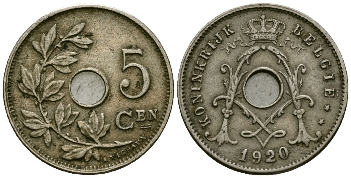 Бельгия 5 сантимов 1920 Belgie KM 67 медно-никель 4173-217