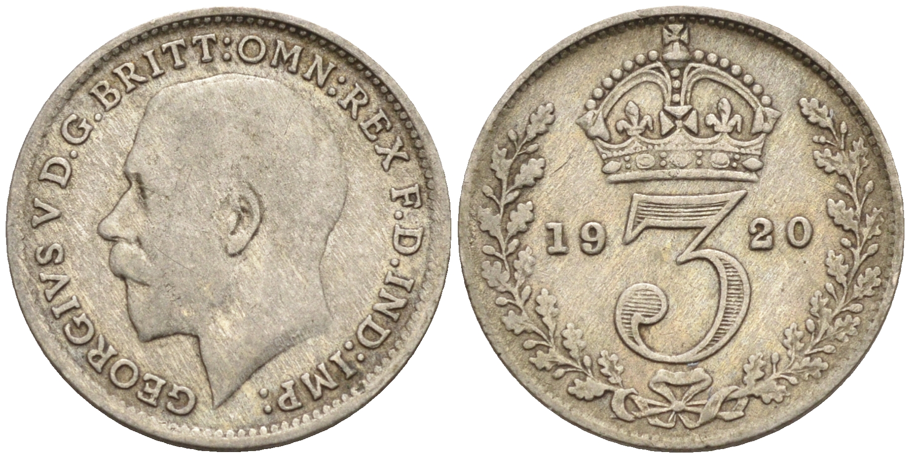 Великобритания 3 пенса 1920 Георг V (1910-1936), пограничный год KM 813 или 813a, Spink 4015 или 4026 серебро 4115-358