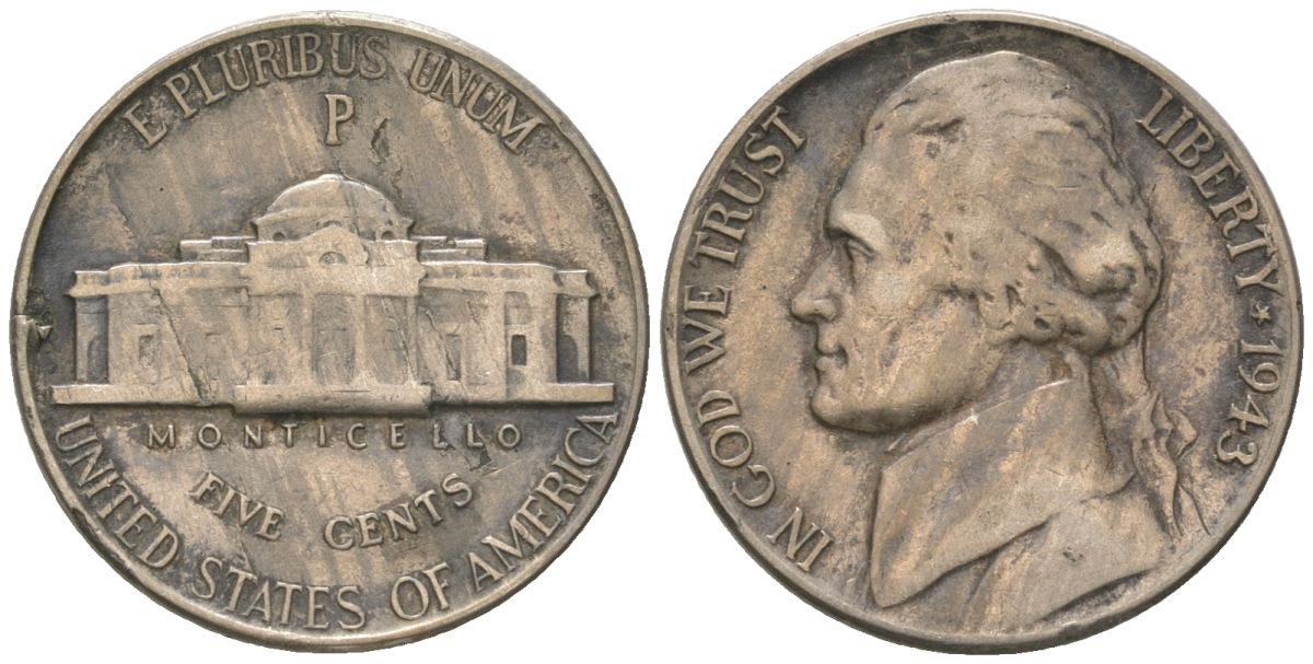 США 5 центов 1943 P, Томас Джефферсон KM 192a серебро 4561-122