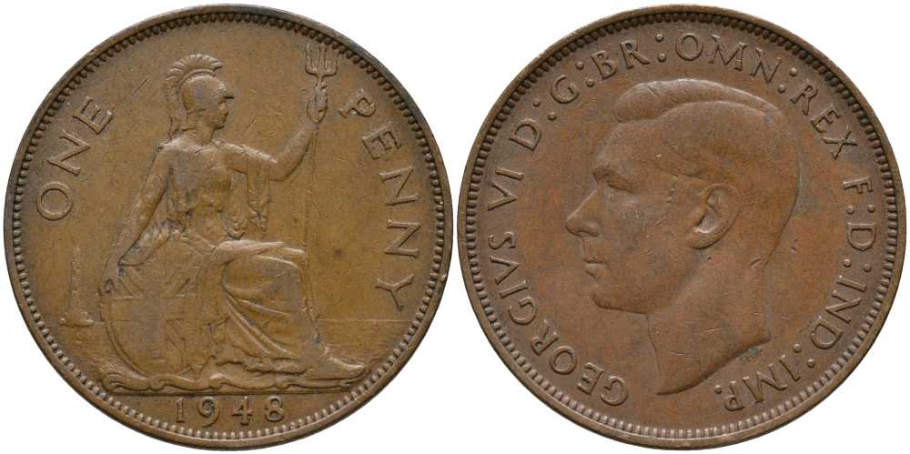 Великобритания 1 пенни 1948 Георг VI (1936-1952) KM 845, Spink 4114 бронза 115-434