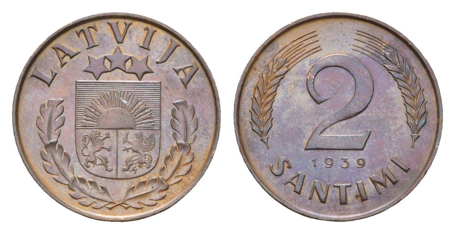 Латвия 2 сантима 1939 KM 11.2 бронза 4679-251