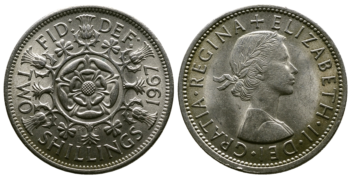 Великобритания 2 шиллинга (флорин) 1967 Елизавета II (1952-2022) KM 906, Spink 4146 медно-никель 4382-741