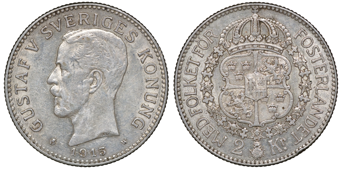 Швеция 2 кроны 1915 W, Густав V (1907-1950) KM 787 серебро 4178-1314