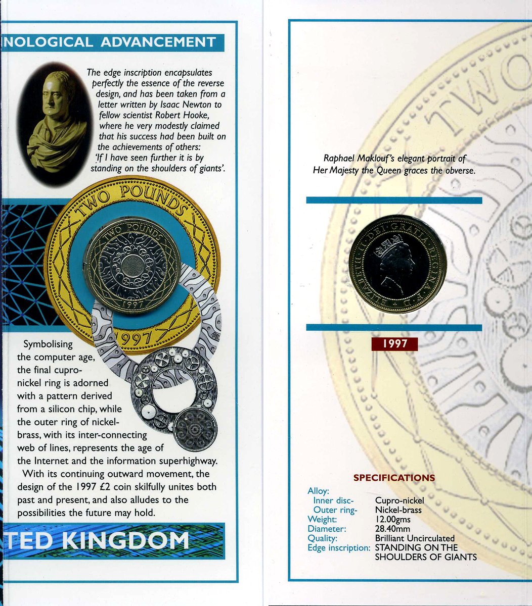 Великобритания 2 фунта 1997 Елизавета II (1952-2022) в оригинальном буклете KM 976, Spink 4318 (K8) биметалл BUNC 00-00