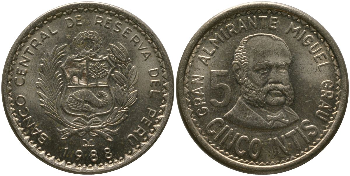 Перу 5 инти 1988 LIMA KM 300, Schon 98 медь цинк никель UNC 4543-213