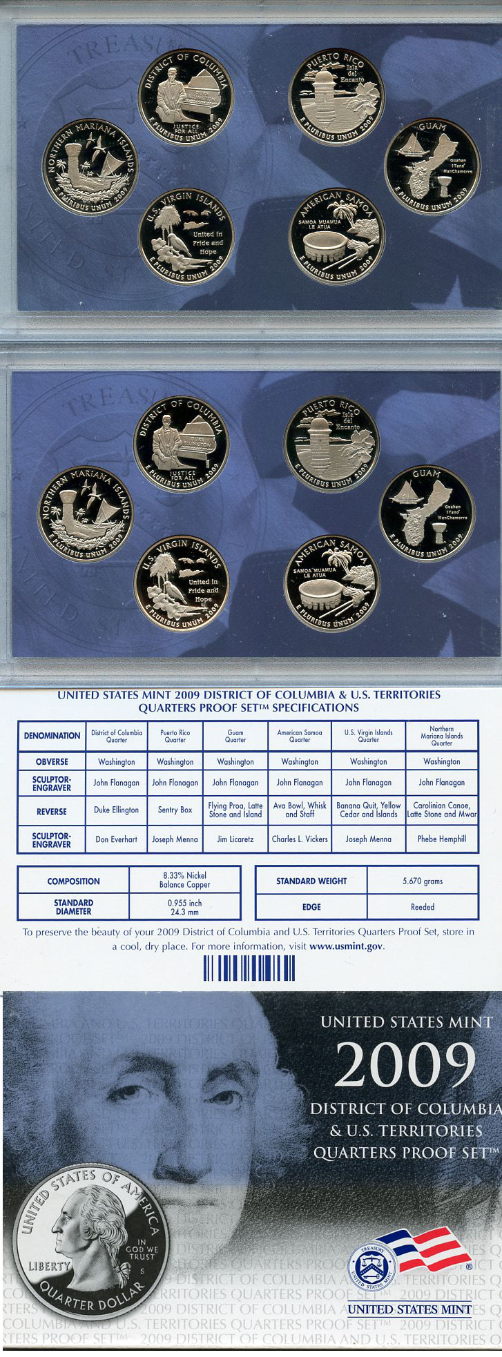 США официальный набор из 6 монет по 25 центов 2009 S, серия штаты США, в твердом пластике KM PS 240 медь плакированная медно-никелем  PROOF  8-2-03-01