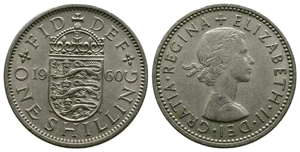 Великобритания 1 шиллинг 1960 Елизавета II (1952-2022), Английский герб KM 904, Spink 4147 медно-никель 4384-414