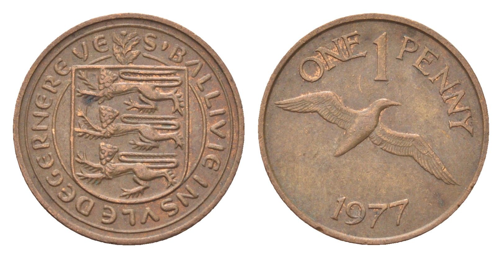 Гернси 1 пенни 1977 Елизавета II (1952-2022), северная олуша в полете KM 27 бронза 4702-751